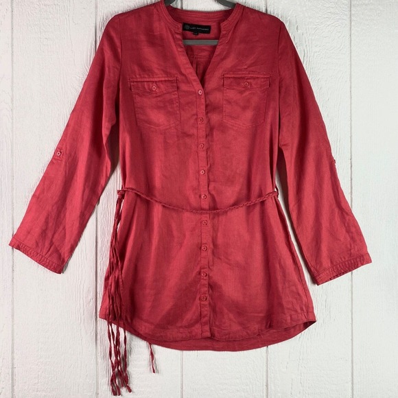 Lady Hathaway Button Up Red Tunic S/P Braided Fringe Belt 100% Linen Valentine's - Picture 7 of 16